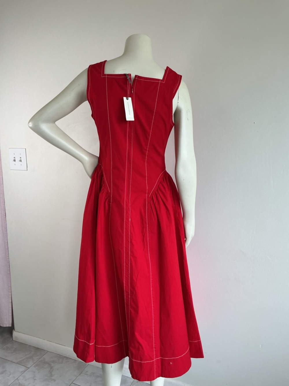 NEW Anthropologie Red Structured Midi Dress Contrast Stitch Pockets Square Neck - Picture 8 of 10